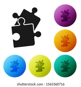 Black Piece of puzzle icon isolated on white background. Business, marketing, finance, template, layout, infographics, internet concept. Set icons colorful circle buttons. Vector Illustration