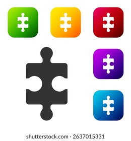 Black Piece of puzzle icon isolated on white background. Business, marketing, finance, layout, infographics, internet concept. Set icons in color square buttons. Vector Illustration