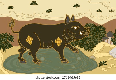 Un cerdo negro está en un pozo de barro verde oscuro. Este es un cuadro de arte tailandés en un sentimiento amarillo.