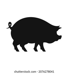 Black pig silhouette, icon  isolated on white background. Pork animal symbol logo for your bussines. Side view profile. Outline flat style. Vector illustration. 