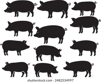 Black pig silhouette on white background, Pig farm animal silhouettes set, silhouette of a pig set