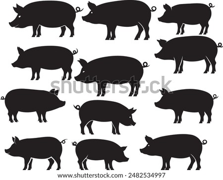 Black pig silhouette on white background, Pig farm animal silhouettes set, silhouette of a pig set