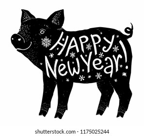 Black pig silhouette with white Happy New Year lettering inside, vector greeting card element