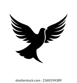 Black pigeon silhouette, dove of peace. Russian Ukrainian military conflict symbol sign. Dove silhouette. Vector hand drawn illustration for world peace. Black bird, isolated on white background.