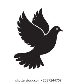 Black pigeon silhouette, dove of peace with olive branch. Russian Ukrainian military conflict symbol sign. Pray for Ukraine. Vector hand drawn illustration for world peace.