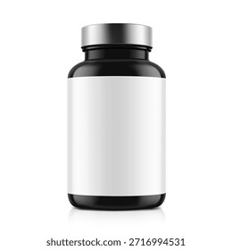 Maqueta de botella de píldora negra con etiqueta para golosinas, vitaminas, suplementos aislados sobre fondo blanco. Ilustración vectorial. Listo para su diseño. EPS10.
