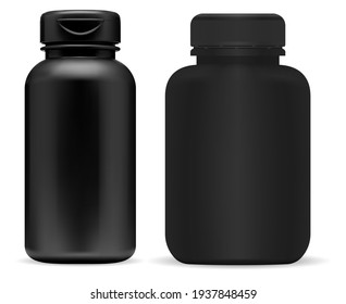 Black pill bottle mockup. Supplement jar mock up, plastic container design. Prescription tablet jar blank, isolated product. Sport supplement can, vitamin box, powder. Medicine bottle