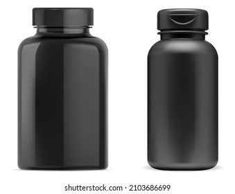 Black pill bottle. Black plastic supplement pill jar, vitamin capsule package blank mockup. Set of pharmaceutical drug tablet bottles, health care medicament, vertical cylinder can