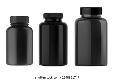 Black pill bottle. Black plastic supplement jar mockup. Glossy vitamin package blank with cap, vector template. Drug tablet packaging, isolated product design for your product label
