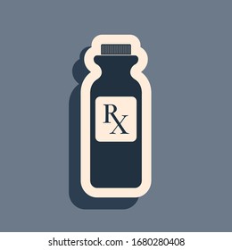 Black Pill bottle with Rx sign and pills icon isolated on grey background. Pharmacy design. Rx as a prescription symbol on drug medicine bottle. Long shadow style. Vector Illustration