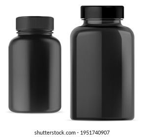 Black pill bottle, supplement jar mockup, plastic vitamin container, isolated. Pill capsule jar, medical package design, elegant 3d can, aspirin pack. Health drug bottle template, sport shake powder