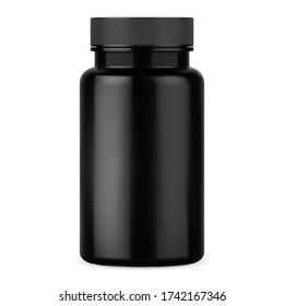 Black pill bottle. Supplement vitamin tablet container template. Glossy plastic capsule packaging mockup. Bodybuilding sport whey powder can design. Aspirin pharmaceutical package