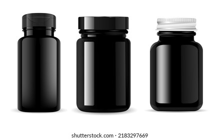 Black pill bottle. Vitamin supplement container mockup 3d vector blank, isolated template. Medical capsule jar, glossy pack. Sport vitamin product round packaging, realistic illustration