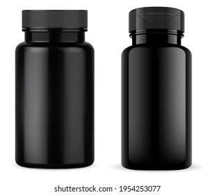 Frasco de píldoras negras. Frasco de plástico negro brillante, paro de recipientes de vitamina. Diseño de empaquetado de productos para cápsulas médicas. Plantilla de medicamentos de medicina, medicina deportiva puede, plantilla vertical