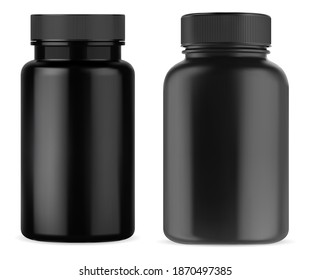 Black pill supplement bottle. Vitamin jar plastic mockup. Black medicine container with cap isolated on white background. Remedy capsule package mock up template. Sport tablet bottles