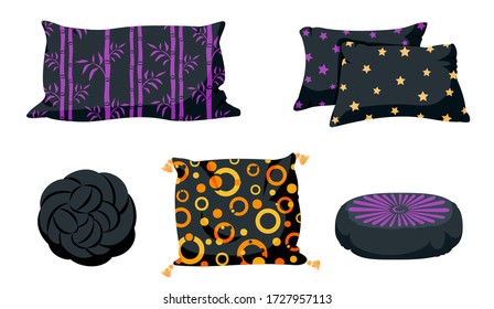 Black pillow flat cartoon set. Pillows square, knot with tassels, pillow pouffe mockup template. Feather, bamboo eco fabric. Dark cushion design. Home interior textile. Vector illustration
