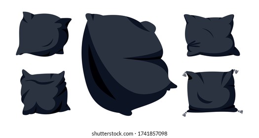 Juego de dibujos animados planos de almohada negra. Tejido interior doméstico. Cinco mullidos cojines oscuros, para la cama y el sofá. Pluma, tela ecológica de bambú. Isolación en ilustración vectorial blanca