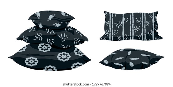 Black pillow pyramid, flat cartoon set with decorative pattern. Soft dark square cushion for bed, sofa. Feather, bamboo eco fabric. Home interior textile. Vector illustration