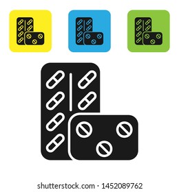 Black Pills in blister pack icon isolated on white background. Medical drug package for tablet: vitamin, antibiotic, aspirin. Set icons colorful square buttons. Vector Illustration