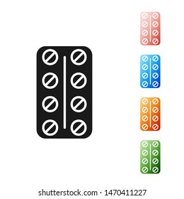 Black Pills in blister pack icon isolated on white background. Medical drug package for tablet: vitamin, antibiotic, aspirin. Set icons colorful. Vector Illustration