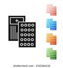 Black Pills in blister pack icon isolated on white background. Medical drug package for tablet, vitamin, antibiotic, aspirin. Set icons colorful. Vector Illustration
