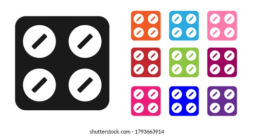 Black Pills in blister pack icon isolated on white background. Medical drug package for tablet, vitamin, antibiotic, aspirin. Set icons colorful. Vector Illustration