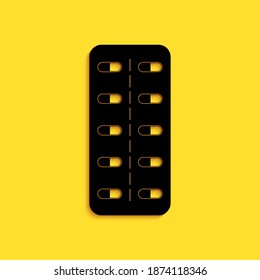 Black Pills in blister pack icon isolated on yellow background. Medical drug package for tablet: vitamin, antibiotic, aspirin. Long shadow style. Vector.