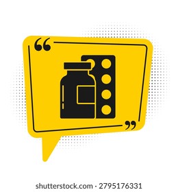 Black Pills in blister pack icon isolated on white background. Medical drug package for tablet, vitamin, antibiotic, aspirin. Yellow speech bubble symbol. Vector