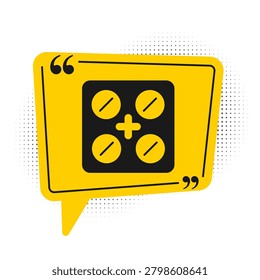Black Pills in blister pack icon isolated on white background. Medical drug package for tablet, vitamin, antibiotic, aspirin. Yellow speech bubble symbol. Vector