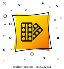 Black Pills in blister pack icon isolated on white background. Medical drug package for tablet, vitamin, antibiotic, aspirin. Yellow square button. Vector