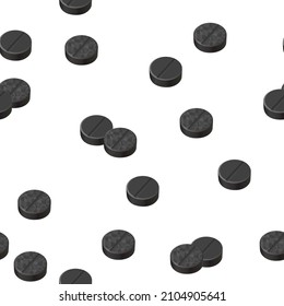 Pastillas negras sobre un fondo blanco. Carbono activado, absorbente. Patrón.