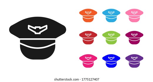 Black Pilot hat icon isolated on white background. Set icons colorful. Vector Illustration