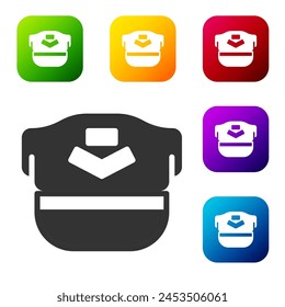 Black Pilot hat icon isolated on white background. Set icons in color square buttons. Vector