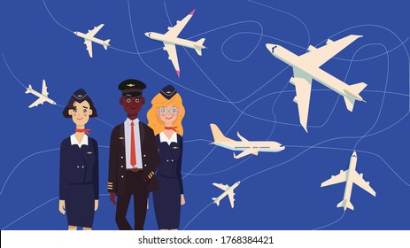 A black pilot and two flight attendants stand in the background of a flying airplane. Flight crew.