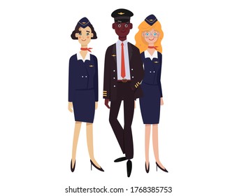 A black pilot and two flight attendants  on white background. Flight crew