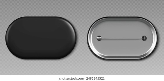 Black pin badge mockup top and bottom view. Blank glossy rectangle brooch tag with rounded corners for merch template. 3d realistic vector illustration of empty promotional and advertising souvenir.