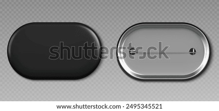 Black pin badge mockup top and bottom view. Blank glossy rectangle brooch tag with rounded corners for merch template. 3d realistic vector illustration of empty promotional and advertising souvenir.