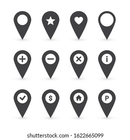 Black pin icon set. Gps pointer mark. Location map symbol of home, bank, parking etc 