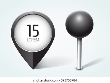 Black pin / Map pointer / Location  icon. Concept of route, landmark, adventure, explore. Vector illustration.