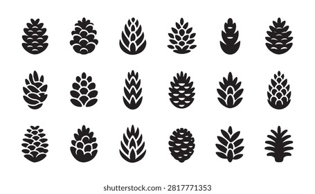 Black pine cone icons set for woodland projects and autumn scenery including various coniferous seed elements.