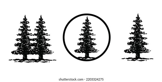 Black pine or fir tree silhouette icon vector set. Evergreen forest firs and spruces black circle shapes templates.