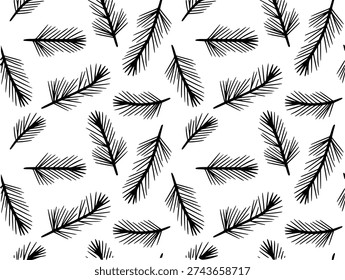 Black pine needles scattered a white background seamless pattern branch christmas