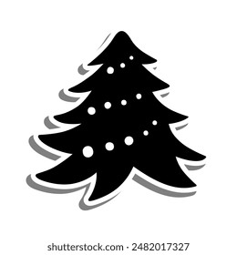 Black Pine Tree on white silhouette and gray shadow. Vector illustration cartoon style for decorate, coloring and any design.
