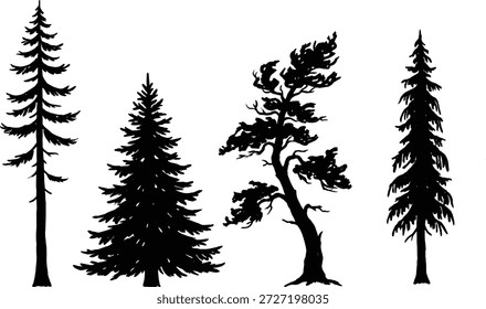 Siluetas de pino negro, Elementos de diseño minimalistas de naturaleza de bosque perenne, Vectores de paisaje de madera silvestre, símbolos de madera atmosférica de coníferas, símbolos de ambiente orgánico.