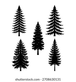 Black pine trees silhouettes evergreen forest
