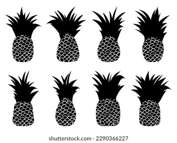 Black pineapples set isolated on white background. Pineapple silhouettes. Pineapples of various shapes. Design for posters, banners and promotional items. Vector illustration
