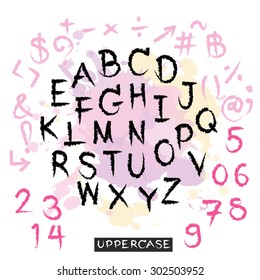 Black pink alphabet uppercase letters.Hand drawn written with a soft watercolor paint brush pencil