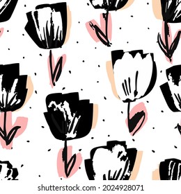 Black and Pink Blossom Drawn Vector Seamless Pattern. Lotus Textile Background. Fabric Marker Template. Rose Summer Wallpaper.