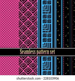 Black and pink blue seamless monster wallpaper texture. Fashion, bright, dots, high lines, checkered cell, thread. Girls Paris Monster party, gothic, halloween. Hot swatches global colors.Vector