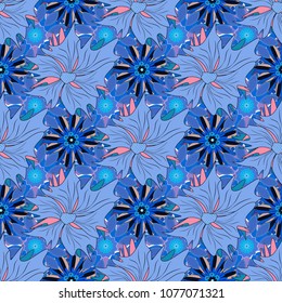 Black, pink and blue texture. A seamless vector background. Wallpaper in the floral style. Graphic vector pattern. Floral ornament.